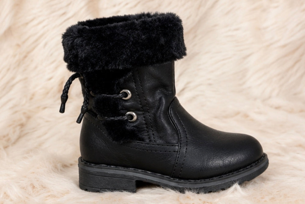Girls black faux leather winter boots with soft black faux fur trim