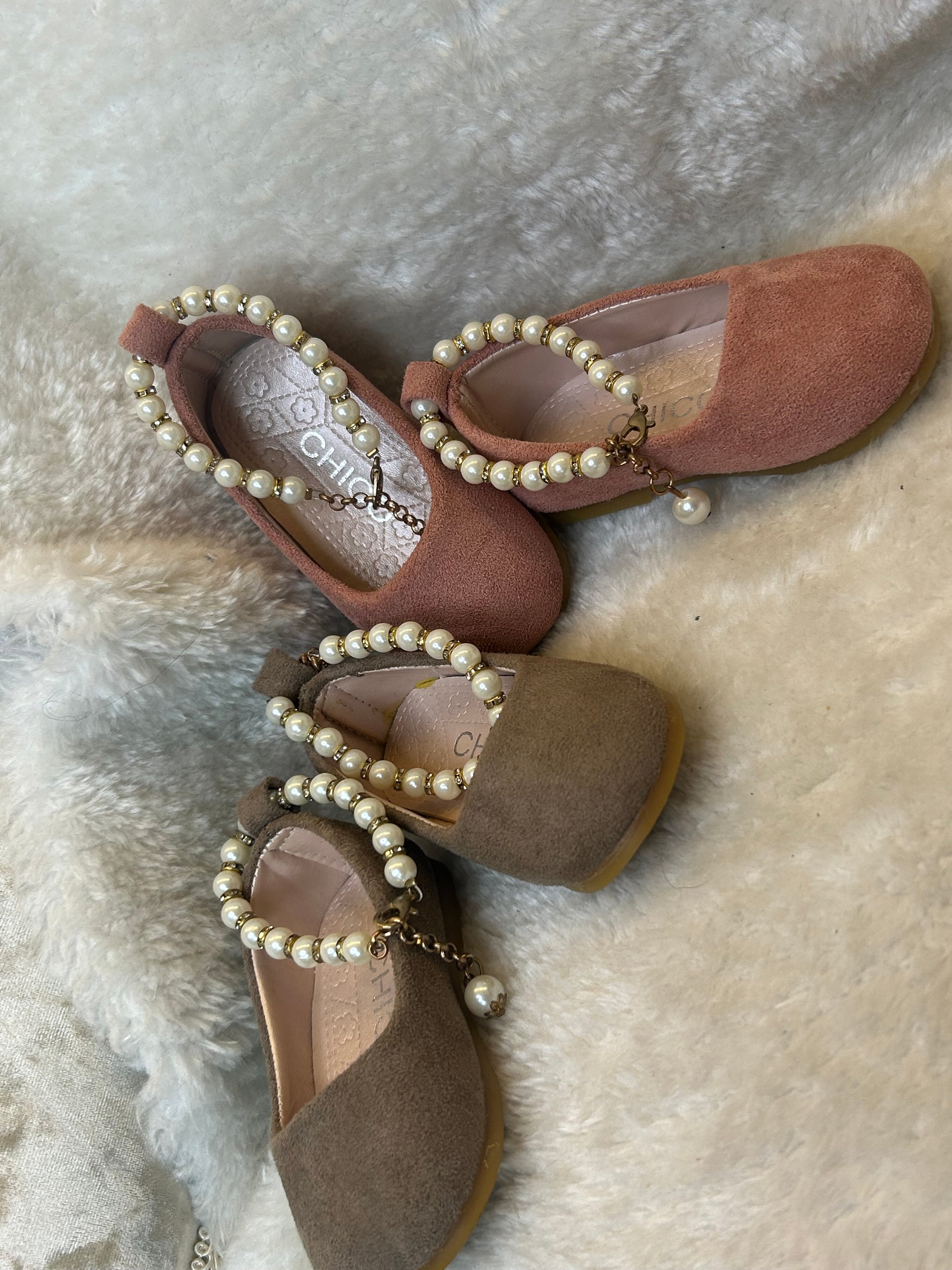 suede effect ballet shoes in pink and taupe with decorative pearl ankle straps