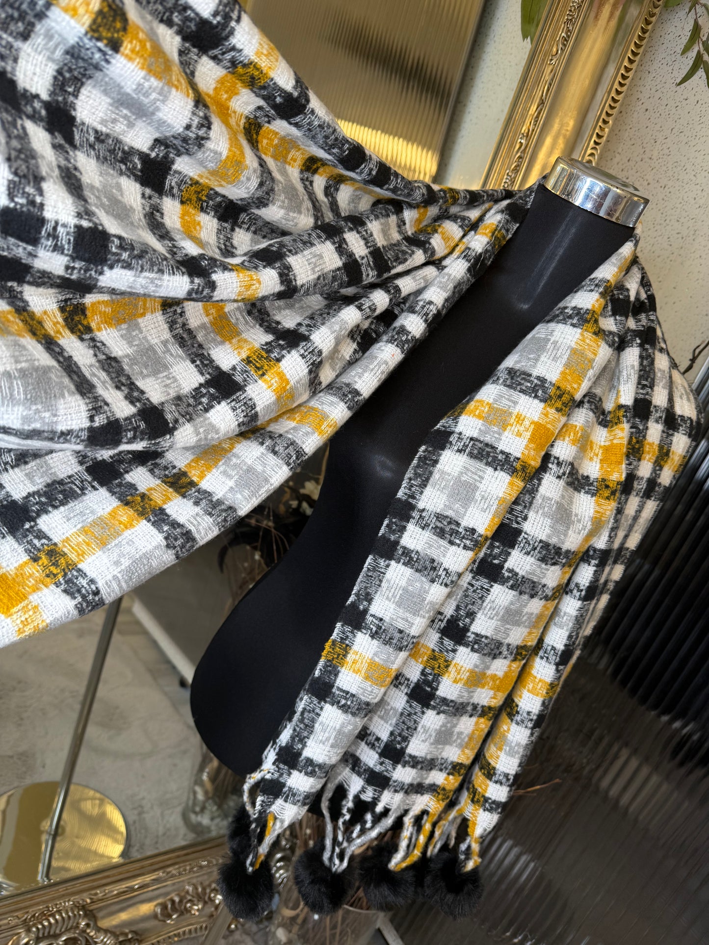 Checked Pom Pom scarf