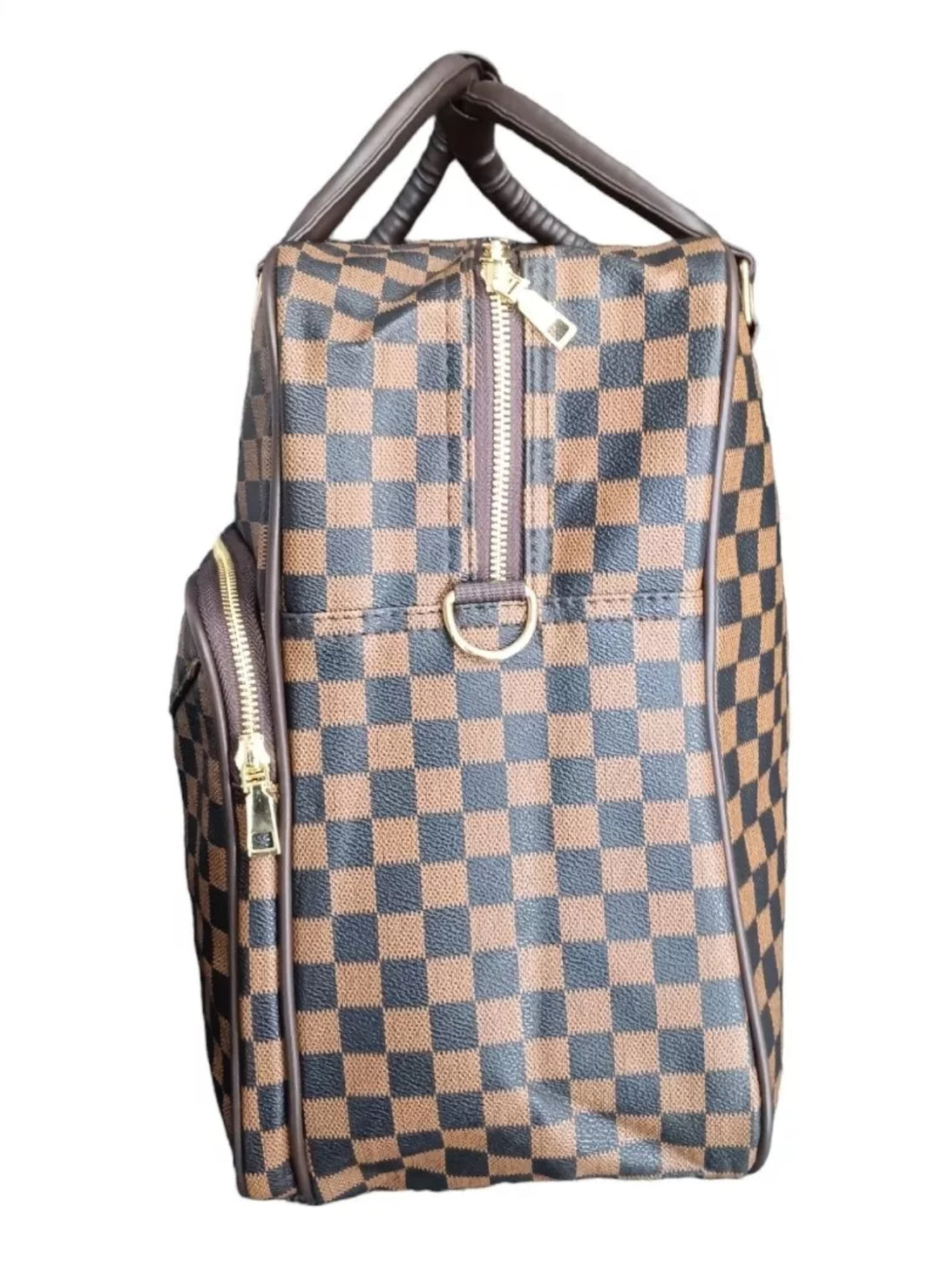 Checkered patterned bag with gold zippers