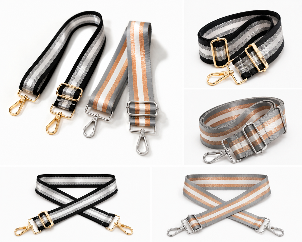 Adjustable striped handbag strap with premium metal hardware for shoulder and crossbody bags.