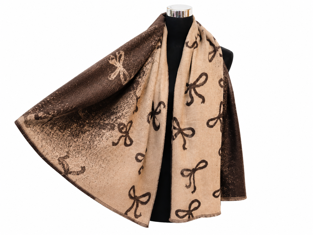 Brown reversible bow print thick cosy scarf 