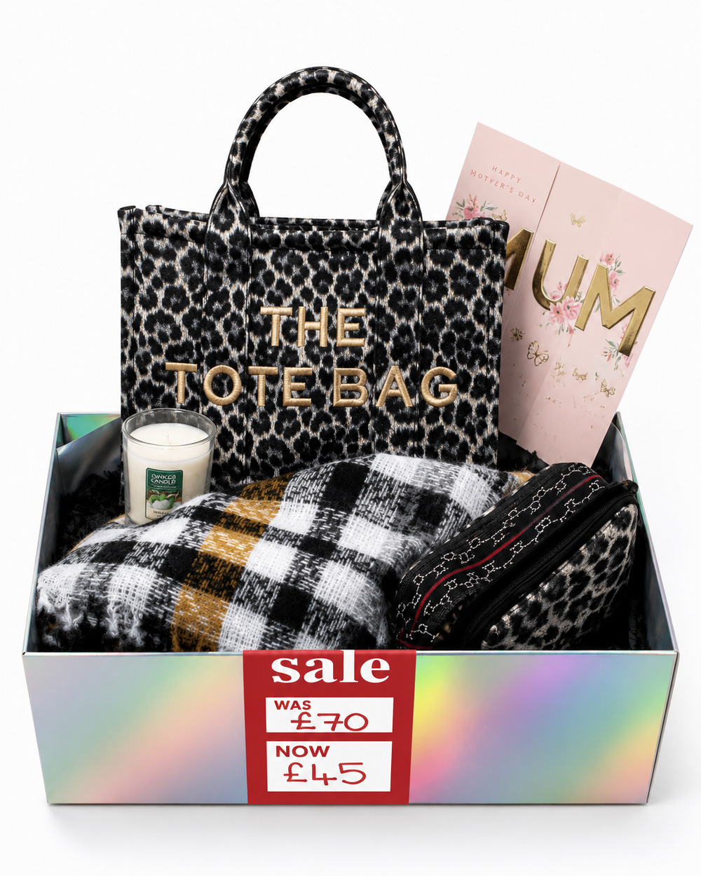 Mother’s Day bundle box including scarf, handbag, purse, headband, card, and a candle. 
