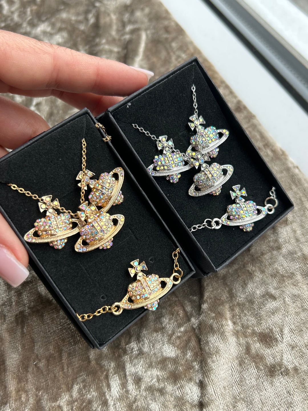 Gold and silver holographic crystal detail jewellery set necklace bracelet and earrings 