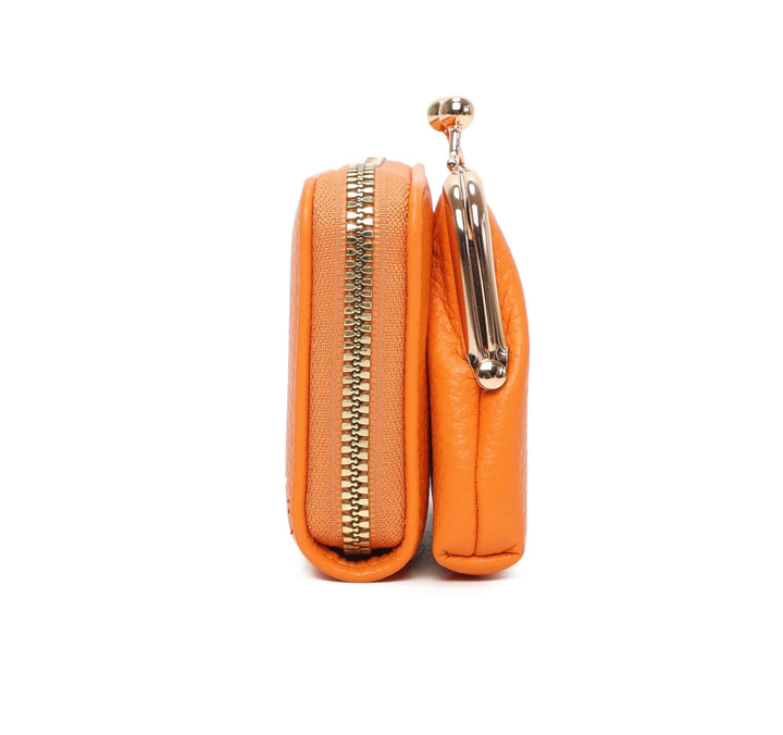 A orange clutch purse with gold detail and a zipper closure.