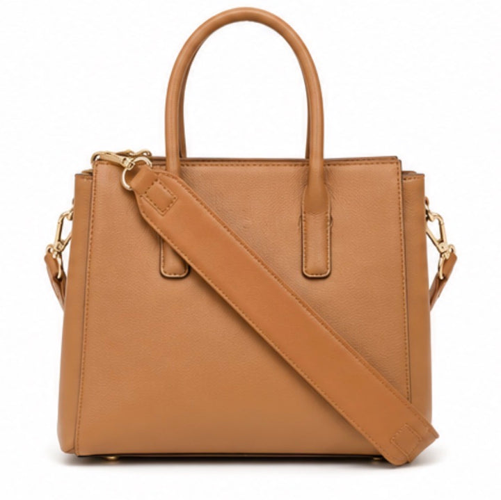 Tan handbag strap with gold hardware