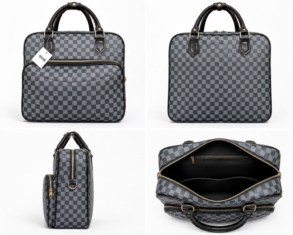 Brown, cream and black checkerboard travel holdall bags displayed together on a neutral studio background, featuring spacious zip compartments and sturdy carry handles.