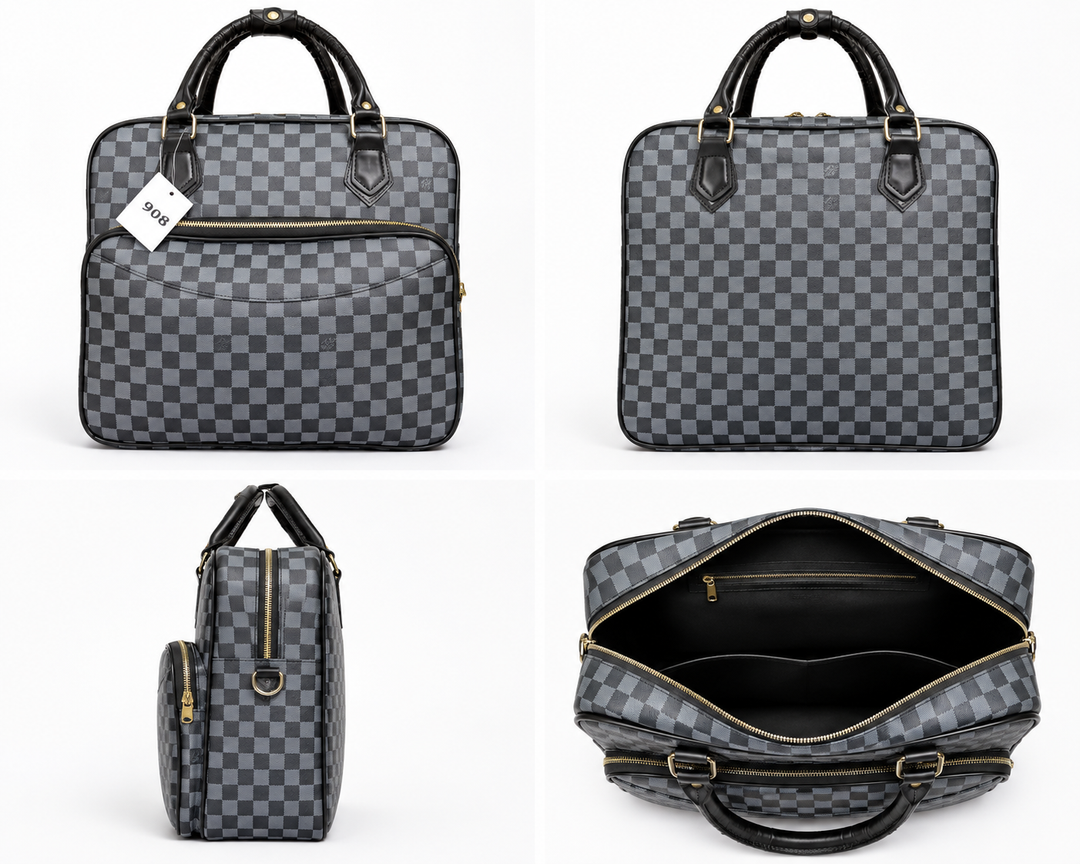 Brown, cream and black checkerboard travel holdall bags displayed together on a neutral studio background, featuring spacious zip compartments and sturdy carry handles.