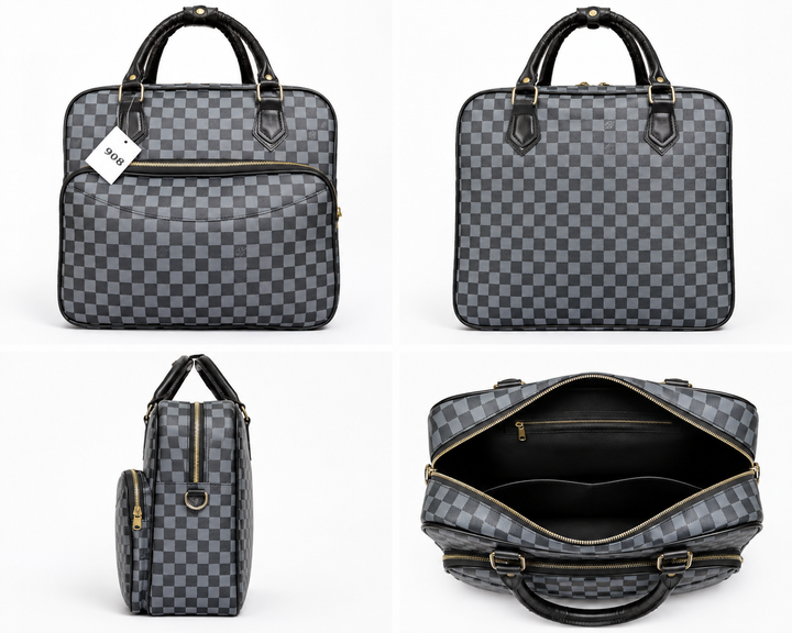 Brown, cream and black checkerboard travel holdall bags displayed together on a neutral studio background, featuring spacious zip compartments and sturdy carry handles.