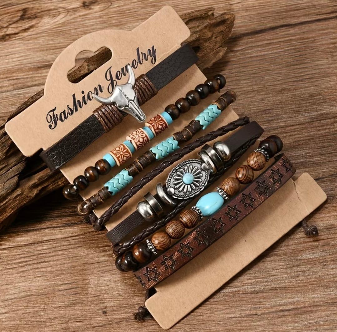 Six piece brown and turquoise Western boho bracelet set with beads, leather-look bands and silver-tone details