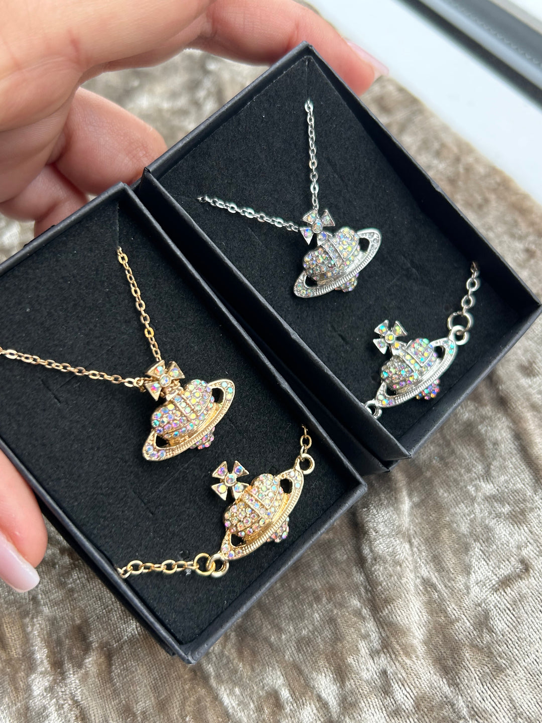 Gold and silver holographic crystal detail planet orb jewellery set 