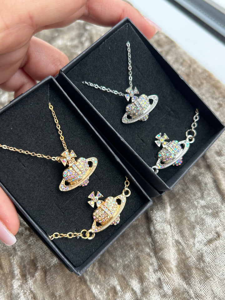 Gold and silver holographic crystal detail planet orb jewellery set 