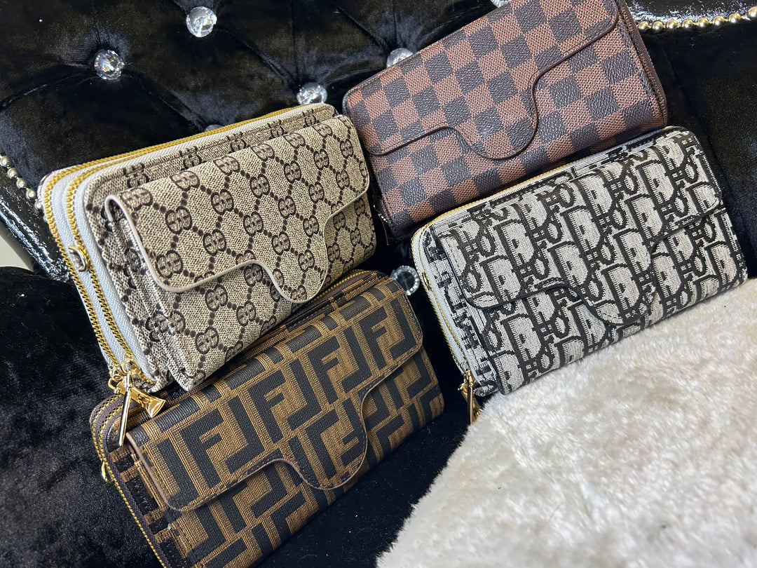 a collection of different purses in different prints 