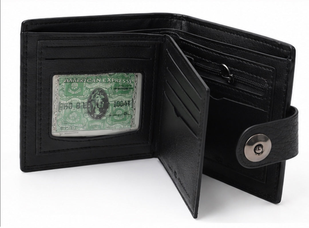 Black men’s leather-look bifold wallet with popper fastening, multiple card slots, zipped coin pocket and ID window