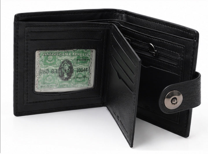 Black men’s leather-look bifold wallet with popper fastening, multiple card slots, zipped coin pocket and ID window