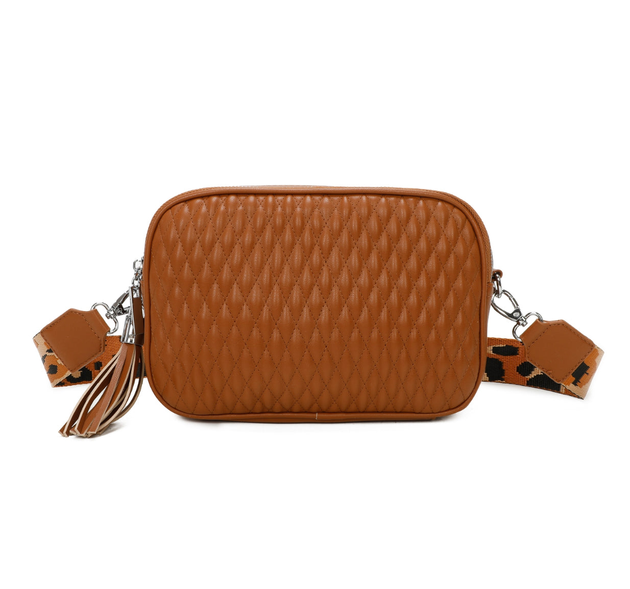 Brown quilted handbag with a matching strap