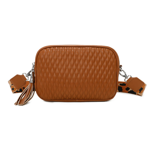 Brown quilted handbag with a matching strap