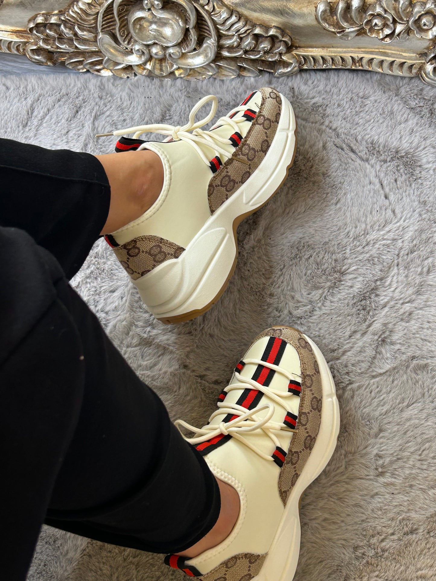 Beige stripe trainers