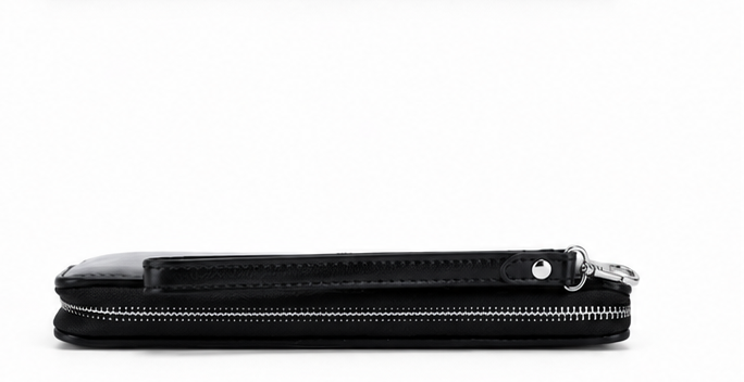 Black expandable purse with wrist strap and silver hardware 