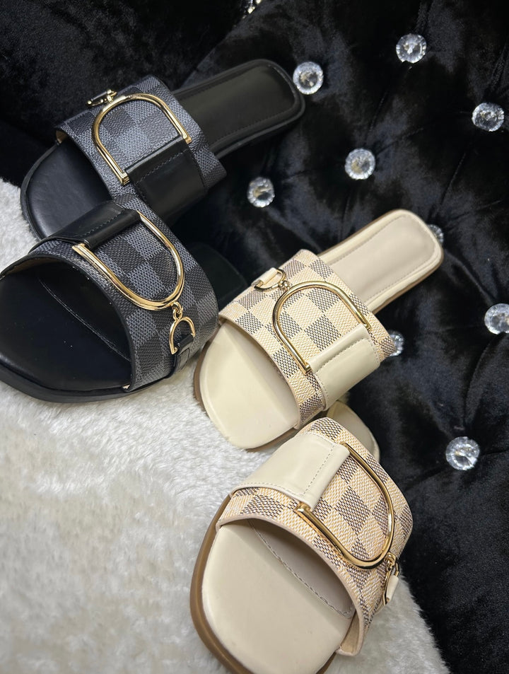 Women’s Checked Buckle Slider Sandals – Gold Detail Summer Slides