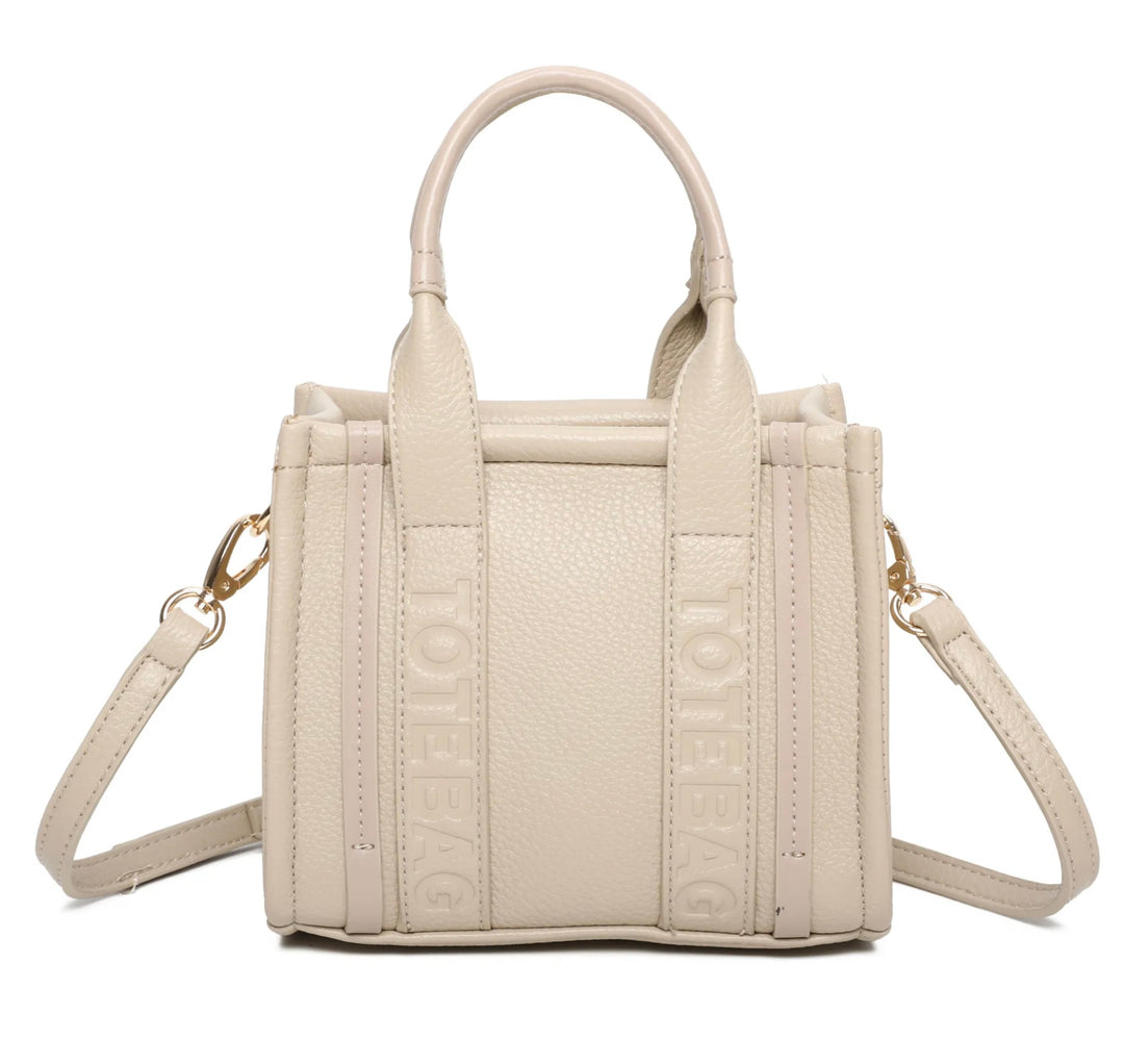  Beige tote bag text handbag with gold detail 