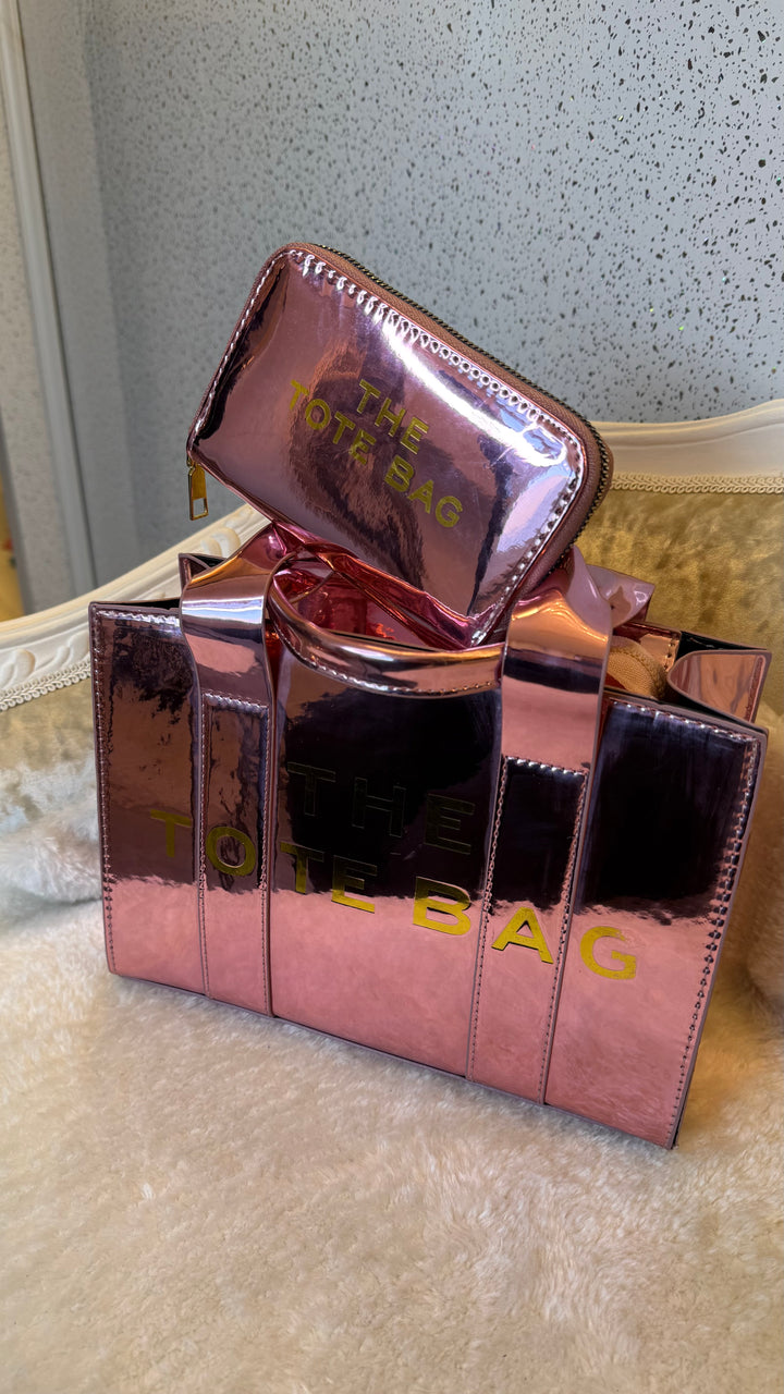 Metallic patent small tote bag and purse set
