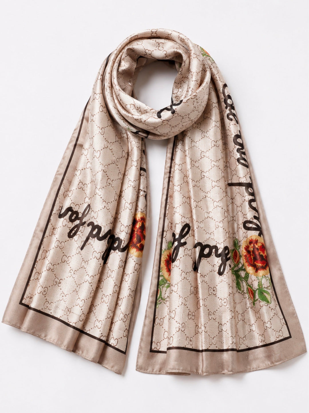 Beige satin feel scarf with monogram inspired print, floral detailing and contrasting border