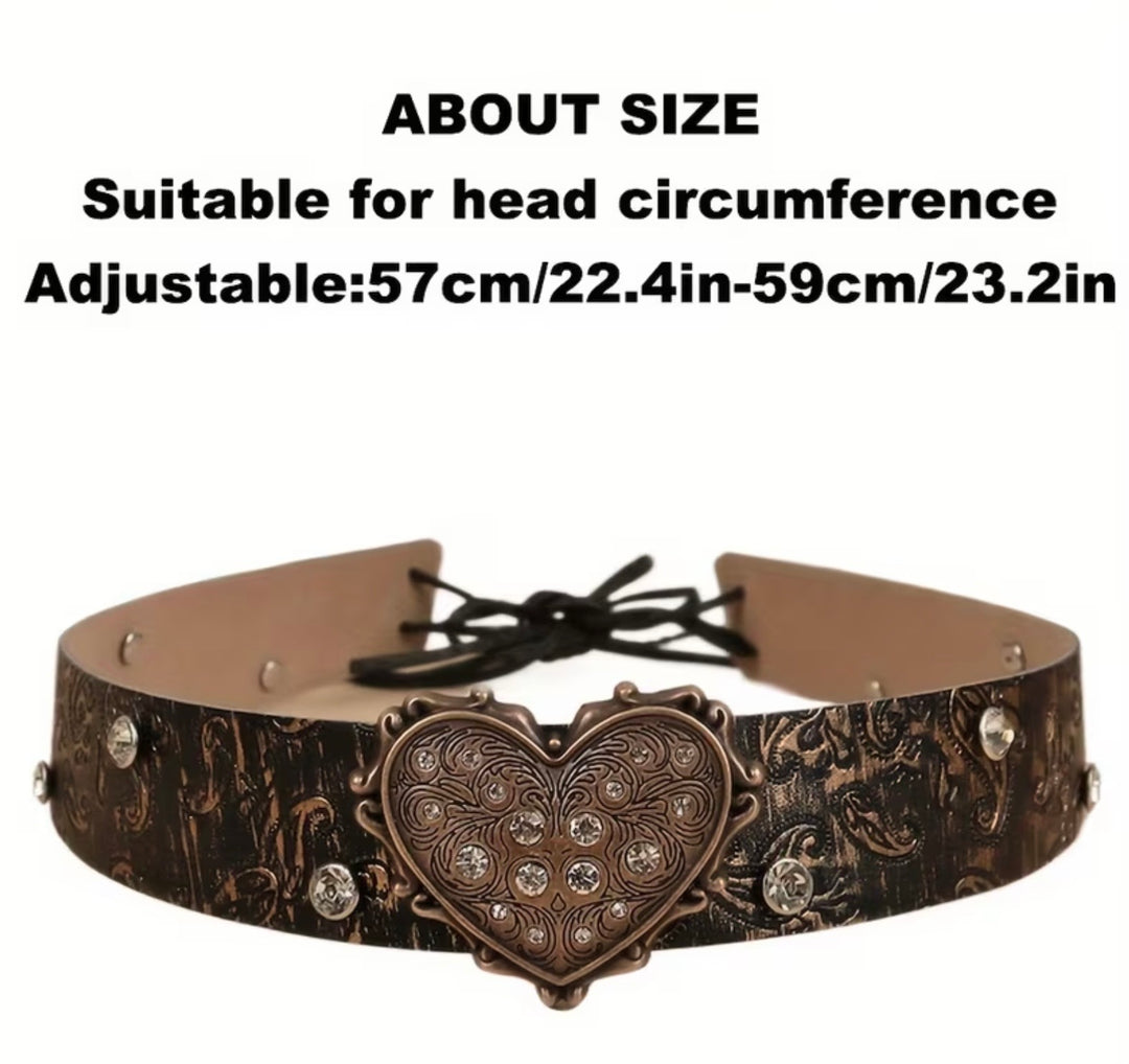 Two brown Western rhinestone heart cowboy hat bands with adjustable tie fastening, hats not included