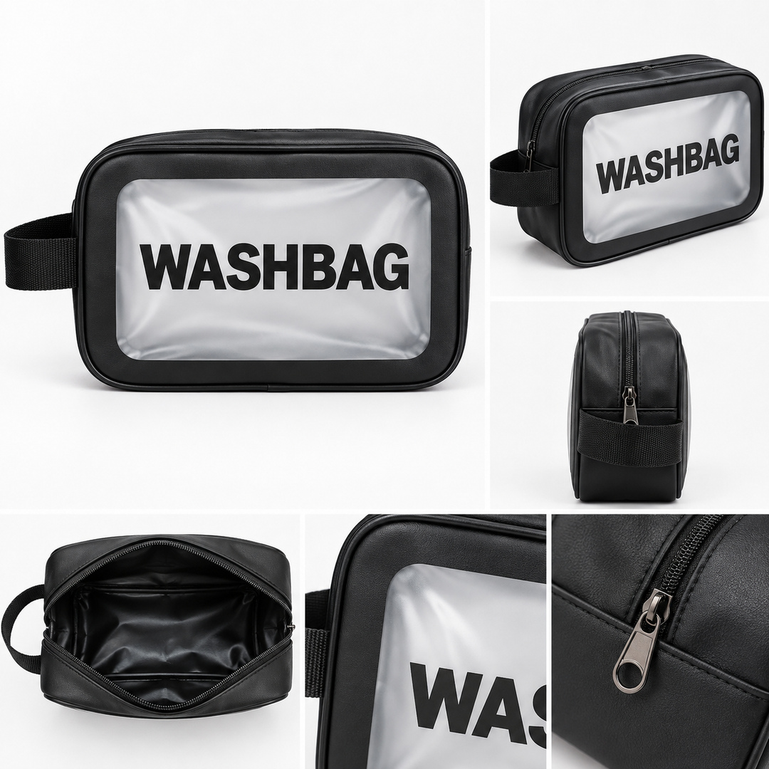 Black wash bag with frosted clear front, WASHBAG lettering and side carry handle