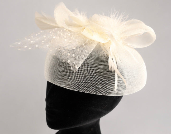 Ivory Mesh Fascinator Hat with Feather &amp; Pearl Detail