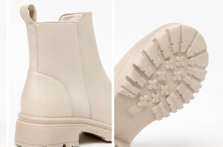 Women’s chunky ankle boots in black and cream with elastic stretch panels