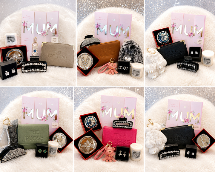 Luxury Mother’s Day gift bundle featuring a Mother’s Day card, purse, jewellery, scented candle and coordinating fashion accessories