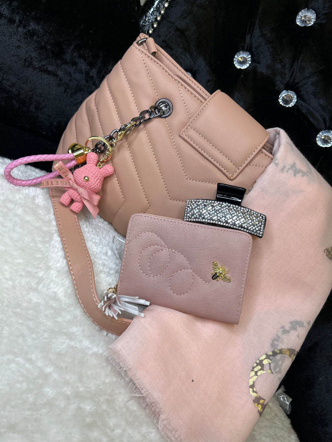 Pink themed handbag bundle, with pink handbag, scarf, keyring, hair clip and purse