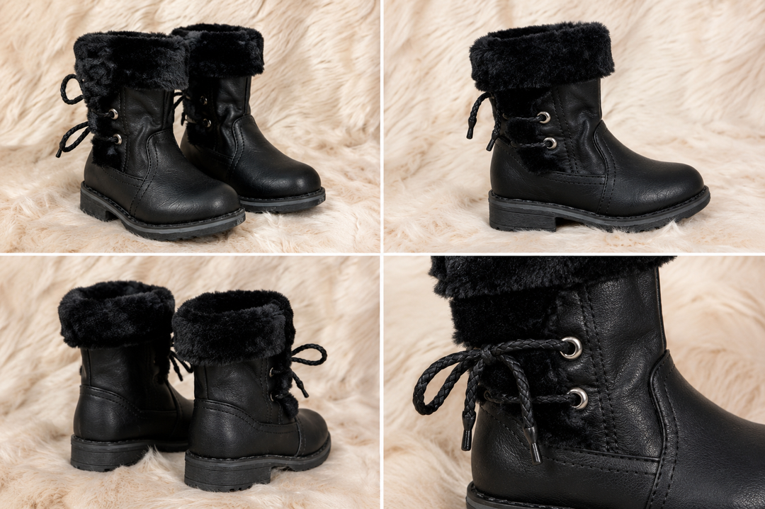 Girls black faux leather winter boots with soft black faux fur trim