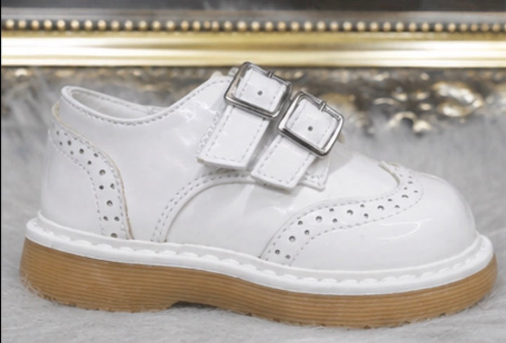 White patent toddler Spanish shoes with double buckle strap