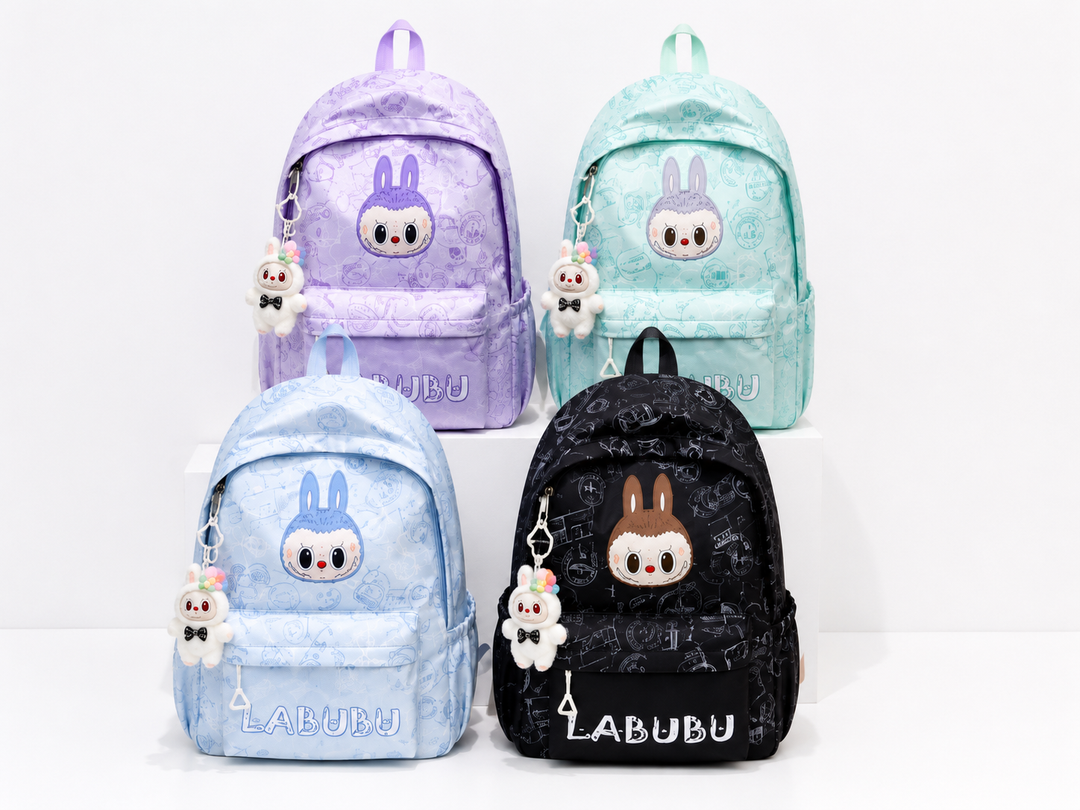     LABUBU backpacks with key ring, front zip pocket and side pockets.