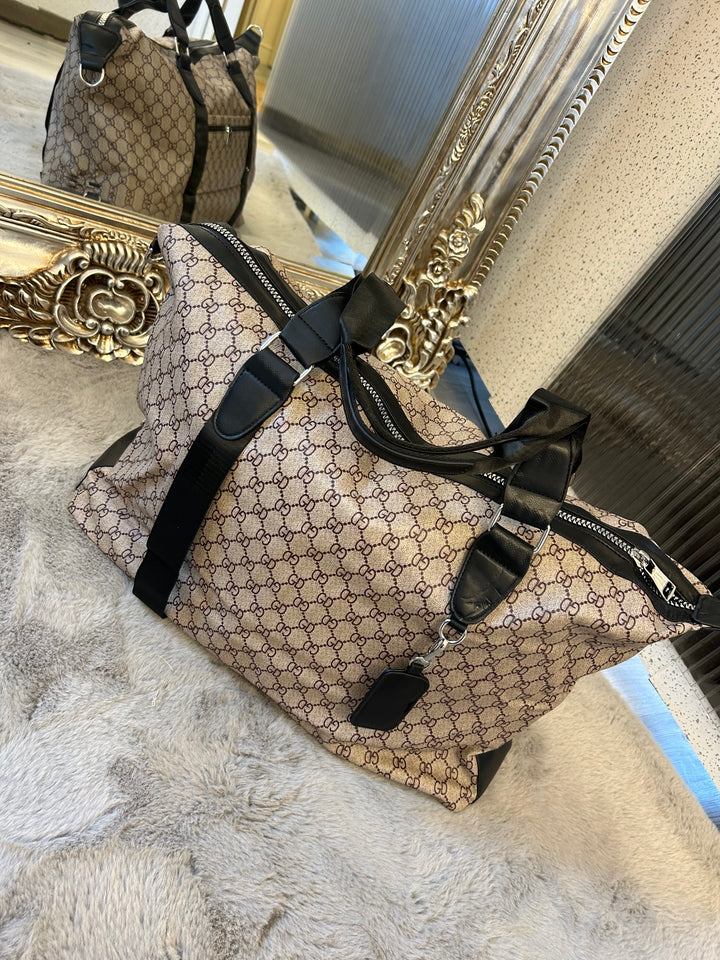 Beige letter detail, large holdall luggage travel bag with silver hardware