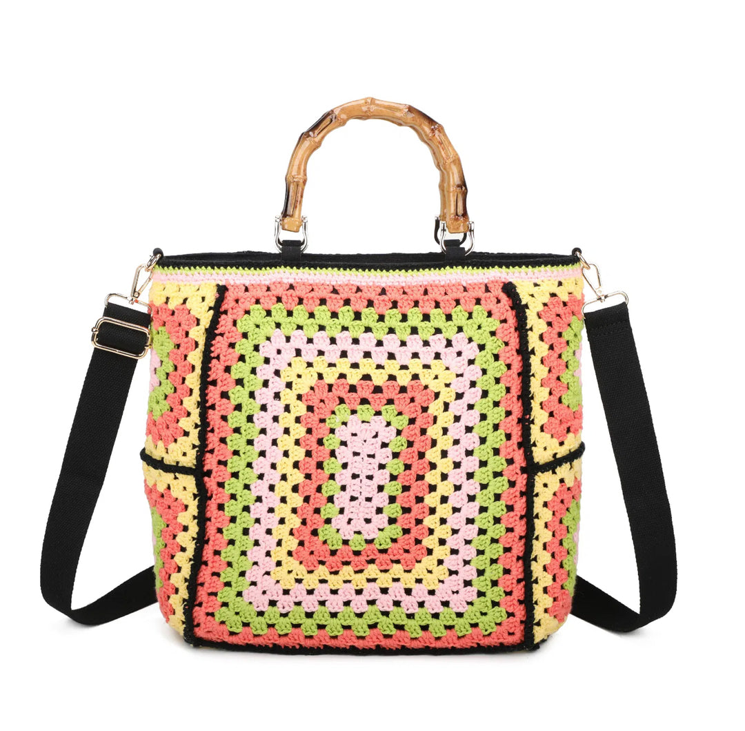 Black based crochet grab bags with bamboo handles and a top zip closure