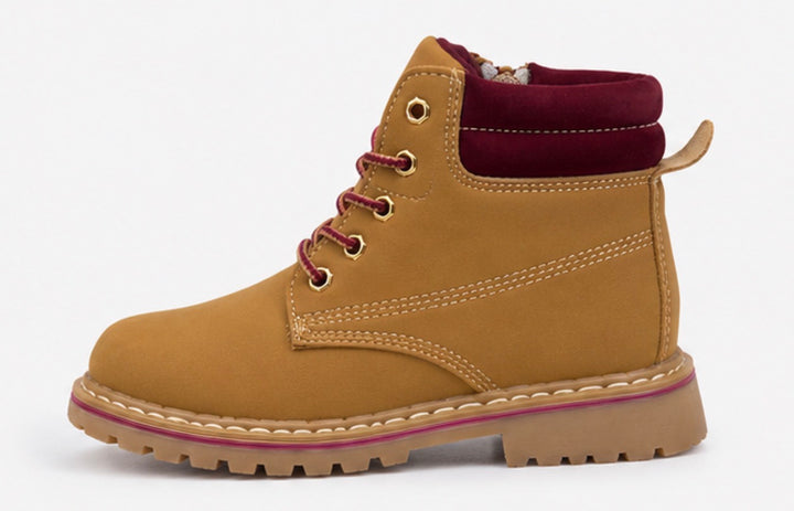 Girls camel lace-up ankle boots with burgundy or hot pink padded collar and matching laces