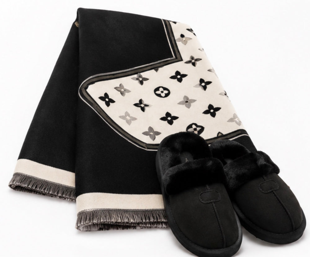 Luxury winter gift bundle featuring a soft scarf paired with black faux fur lined slippers