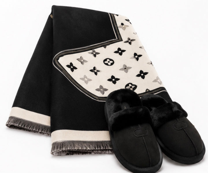 Luxury winter gift bundle featuring a soft scarf paired with black faux fur lined slippers