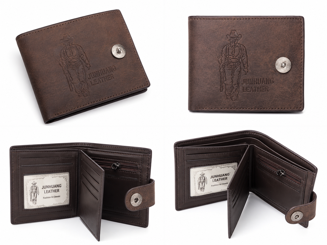 Brown men’s leather-look bifold wallet with popper fastening, multiple card slots, zipped coin pocket and ID window