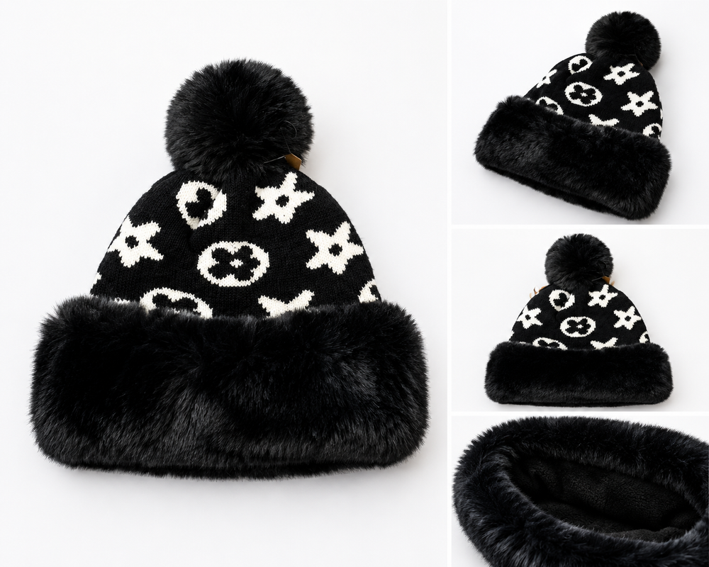 Luxury faux fur pom pom knitted winter hats in black and navy with soft faux fur trim and warm fleece lining.