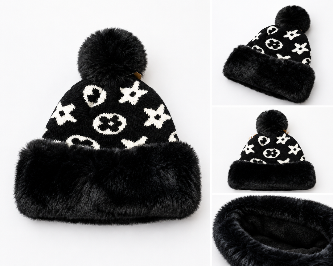 Luxury faux fur pom pom knitted winter hats in black and navy with soft faux fur trim and warm fleece lining.