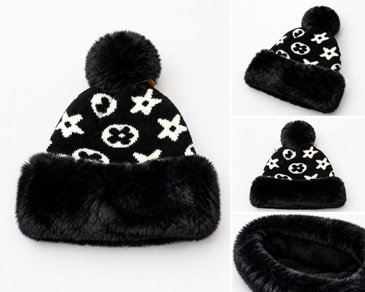 Luxury faux fur pom pom knitted winter hats in black and navy with soft faux fur trim and warm fleece lining.