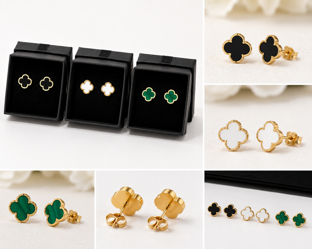     Clover stud earrings collection in black, white and green