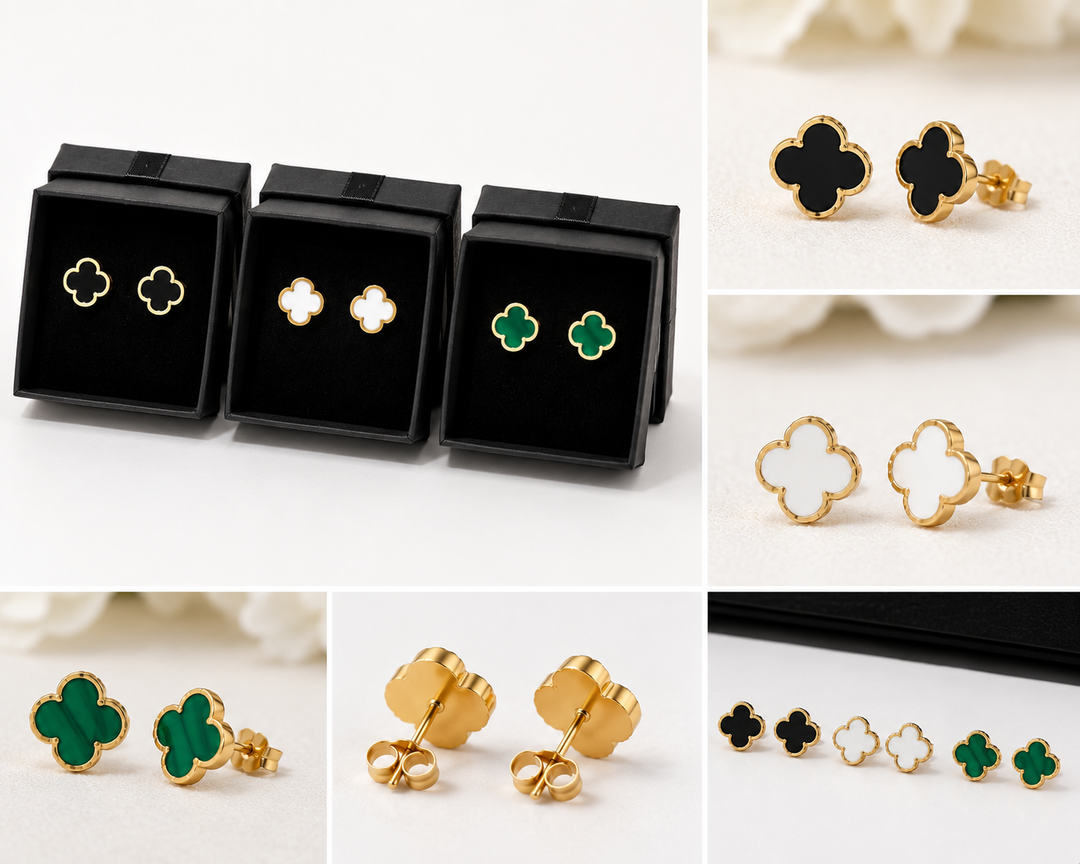     Clover stud earrings collection in black, white and green
