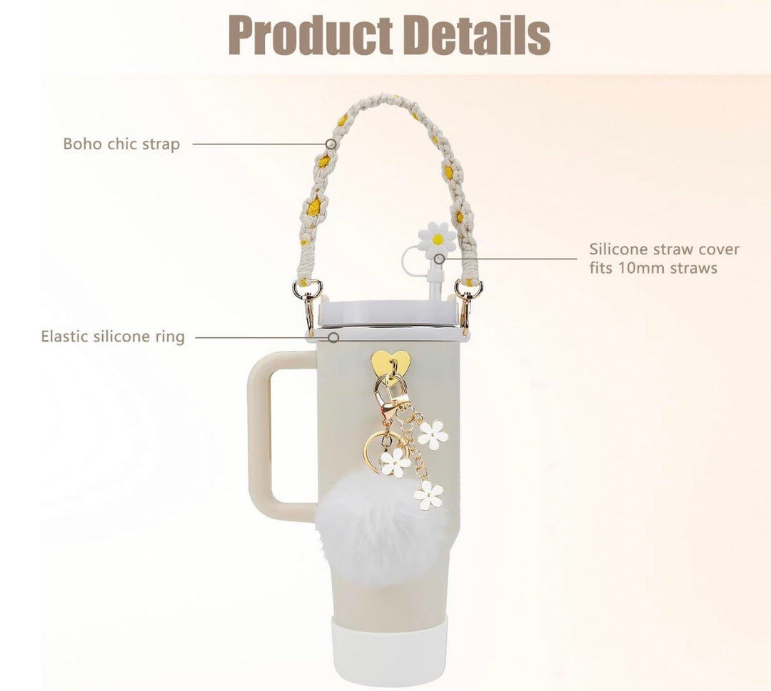 Stanley Cup Accessories Set, 10PCS Decor Includes Straw Cover, Water Bottle Handle Strap, Silicone Boot, Charms for 40oz &amp; 30oz Tumbler, White