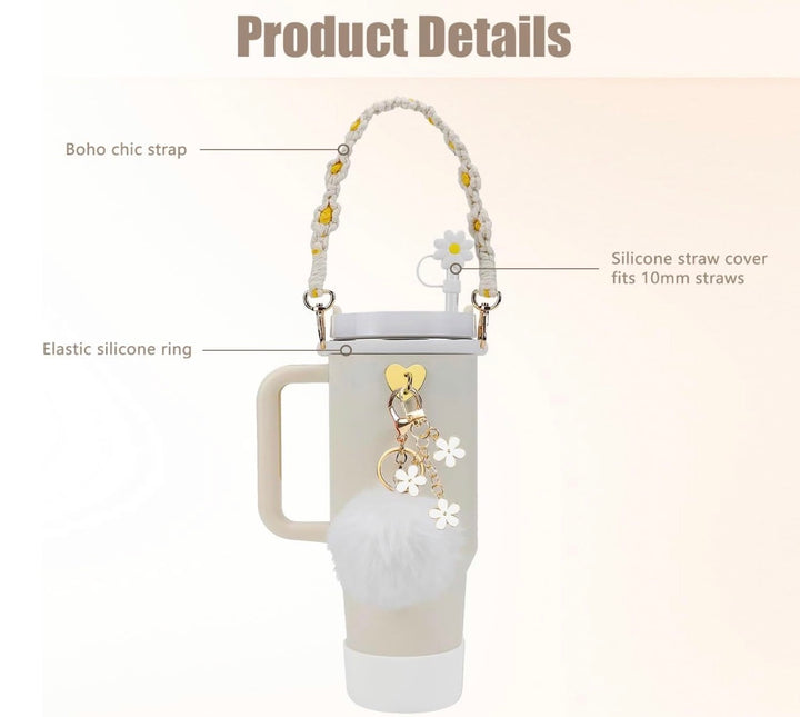 Stanley Cup Accessories Set, 10PCS Decor Includes Straw Cover, Water Bottle Handle Strap, Silicone Boot, Charms for 40oz &amp; 30oz Tumbler, White