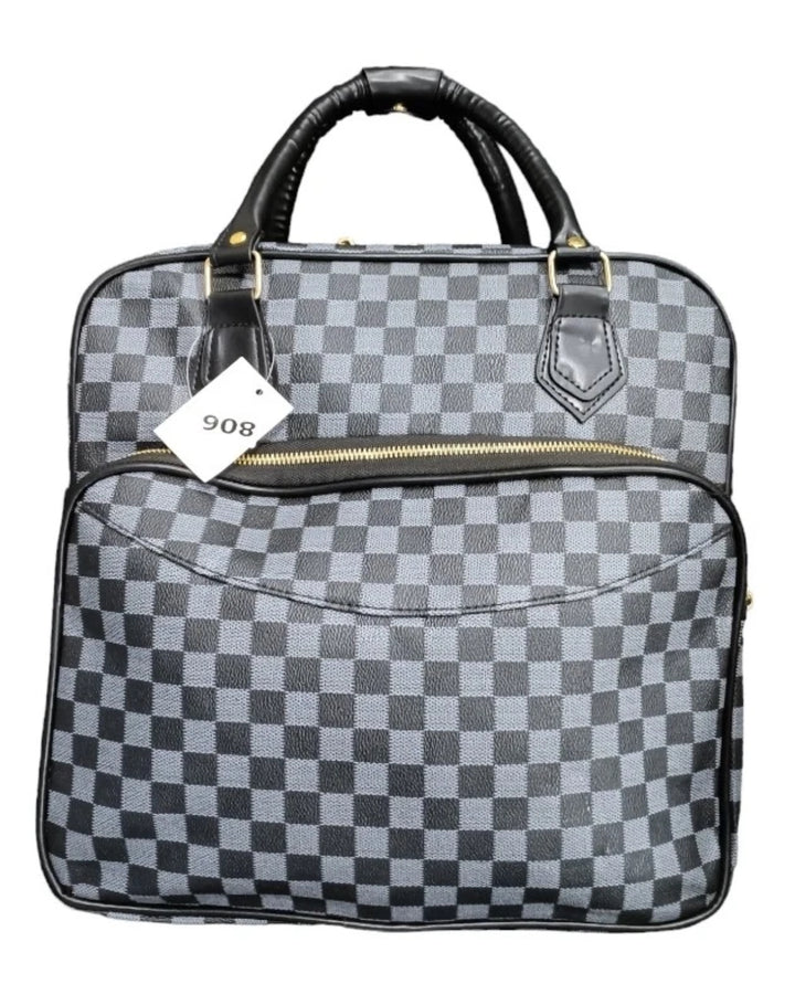 Grey checkered bags/ luggage bag with different coloured handles 